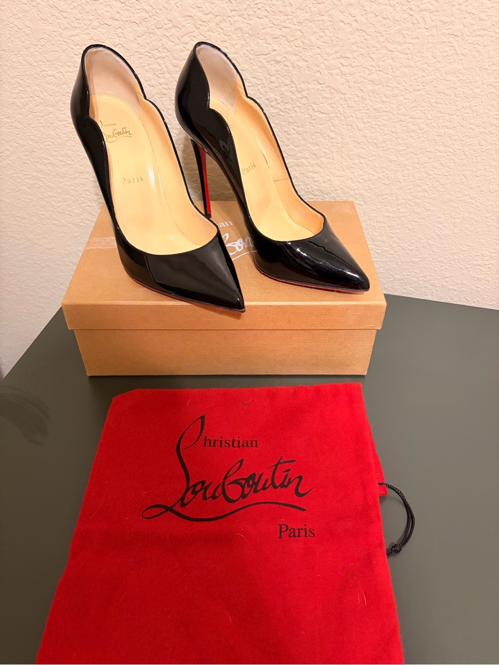 Christian Louboutin Black Patent Pointed-Toe Stiletto Pumps with Red Sole